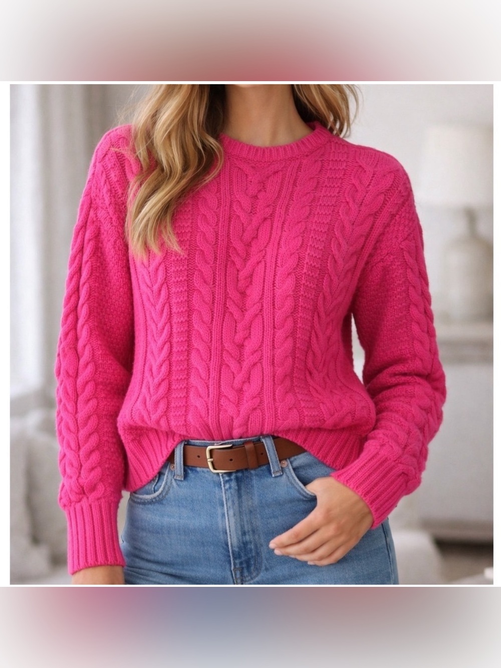 Lauren Ralph Lauren Bright Pink Cable-Knit Crewneck Sweater